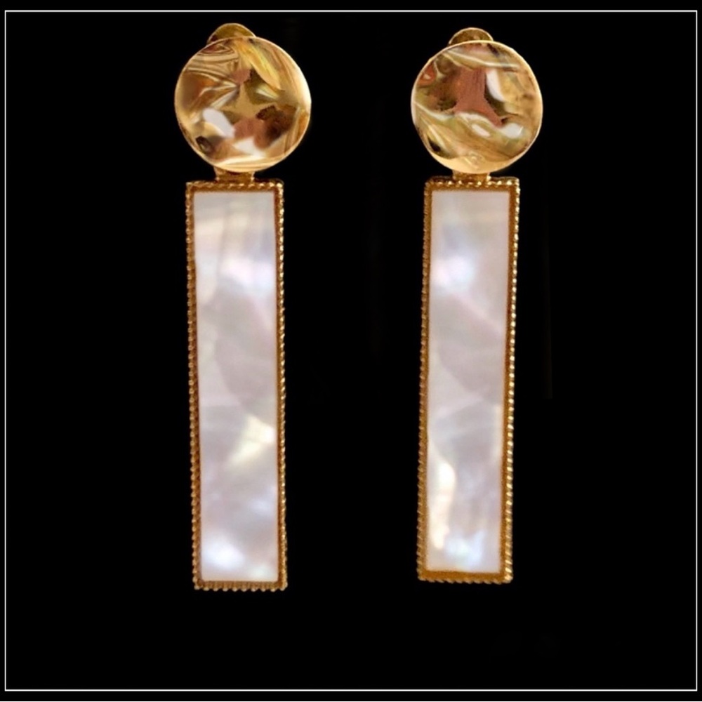 New Gold statement mod geometric mother of pearl opal Abalone shell bar earrings